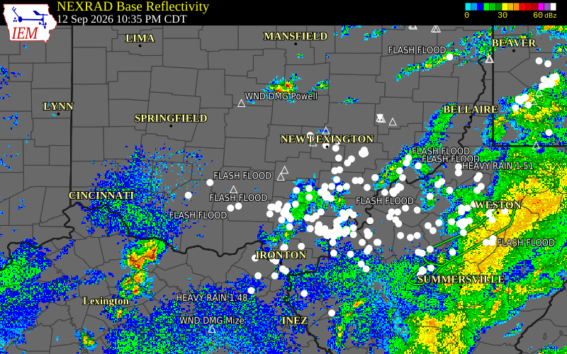 Current NEXRAD radar over Pickaway County, Ohio with recent storm report locations