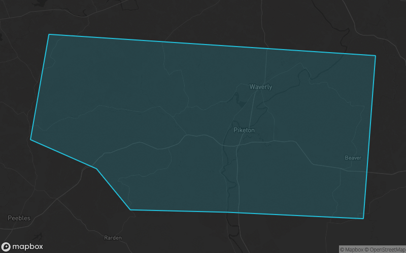 Map of Pike County, Ohio showing the county boundary and surrounding cities
