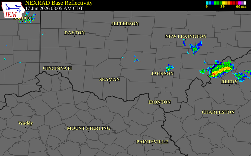 NEXRAD radar during the Wednesday, June 17, 2026 storm activity in Pike County, Ohio