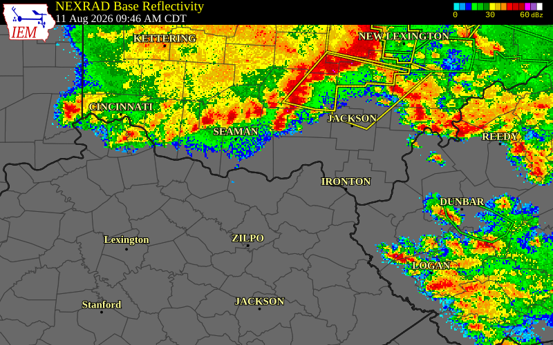 NEXRAD radar during the Tuesday, August 11, 2026 storm activity in Pike County, Ohio