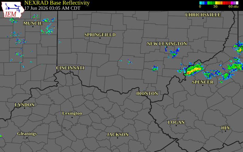 Radar snapshot during the Jun 17, 2026 tornado event near 5 SSW Kincaid Springs, Pike County, Ohio, with NWS warning polygons