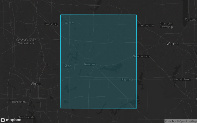 Map of Portage County, Ohio showing the county boundary and surrounding cities