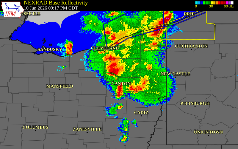 NEXRAD radar during the Wednesday, June 10, 2026 storm activity in Portage County, Ohio