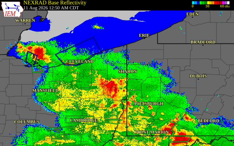 Radar snapshot during the Aug 11, 2026 wind event near Portage County, Portage County, Ohio, with NWS warning polygons