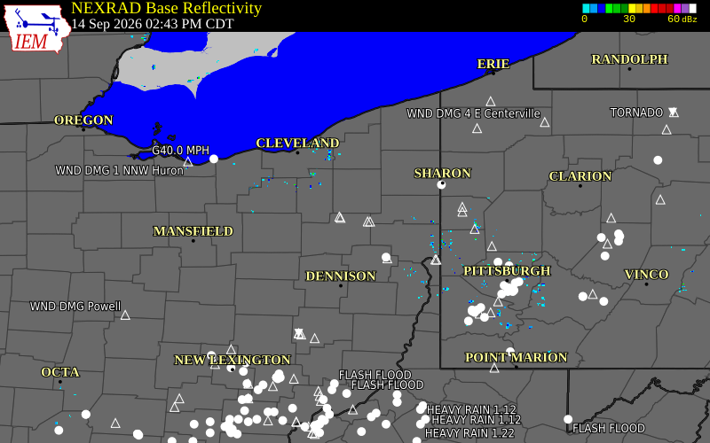 Current NEXRAD radar over Portage County, Ohio with recent storm report locations