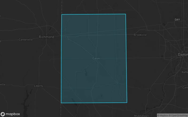Map of Preble County, Ohio showing the county boundary and surrounding cities