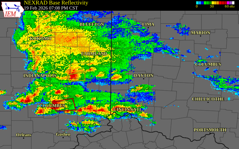NEXRAD radar during the Thursday, February 19, 2026 storm activity in Preble County, Ohio