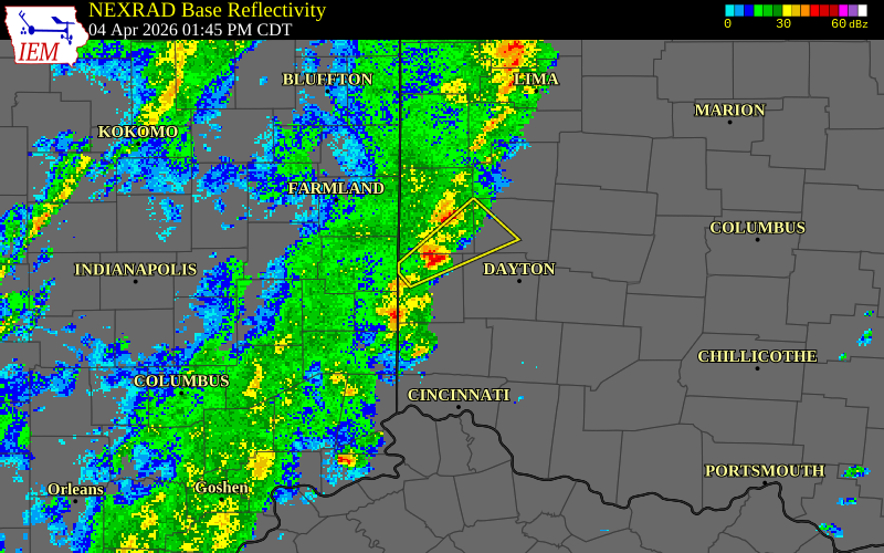 NEXRAD radar during the Saturday, April 4, 2026 storm activity in Preble County, Ohio