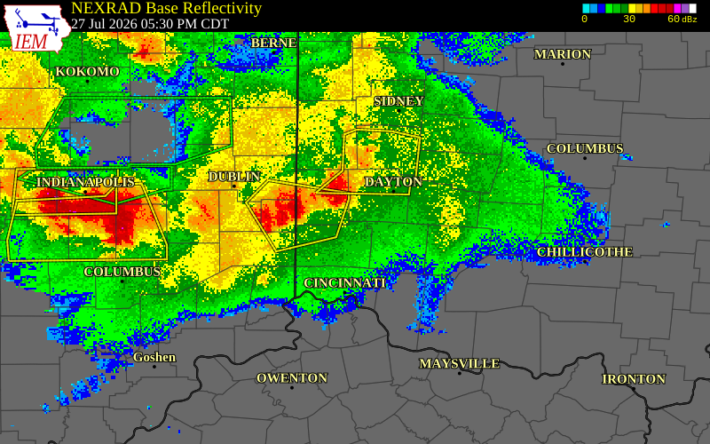 NEXRAD radar during the Monday, July 27, 2026 storm activity in Preble County, Ohio