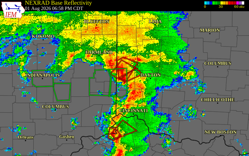 NEXRAD radar during the Saturday, August 1, 2026 storm activity in Preble County, Ohio