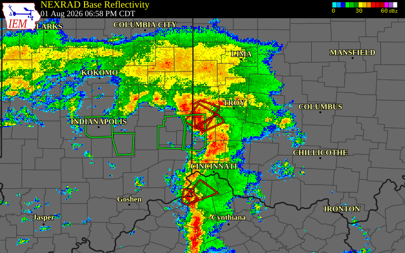 Radar snapshot during the Aug 1, 2026 tornado event near 4 NNW Eaton, Preble County, Ohio, with NWS warning polygons