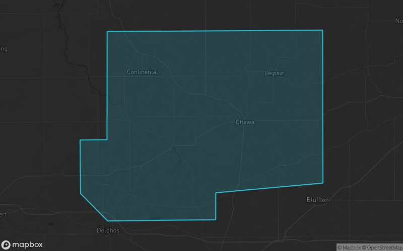 Map of Putnam County, Ohio showing the county boundary and surrounding cities