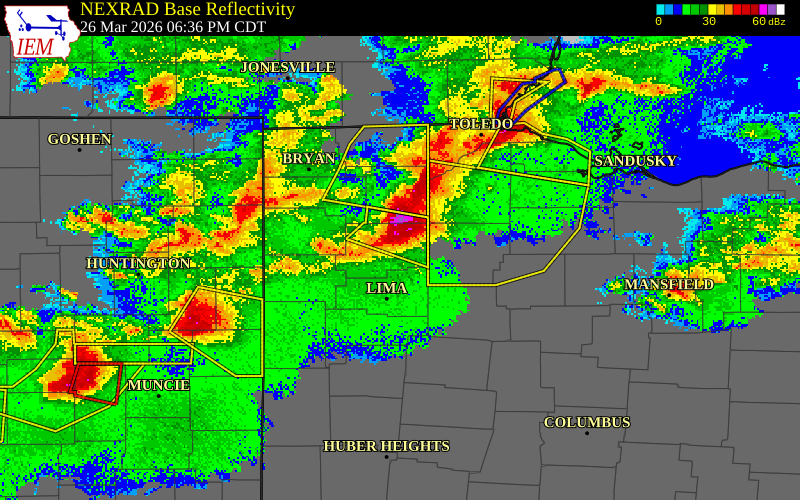 NEXRAD radar during the Thursday, March 26, 2026 storm activity in Putnam County, Ohio