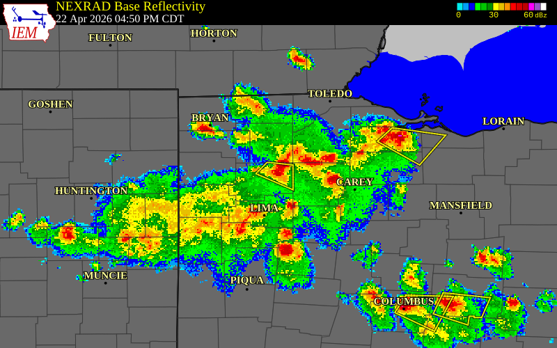 NEXRAD radar during the Wednesday, April 22, 2026 storm activity in Putnam County, Ohio