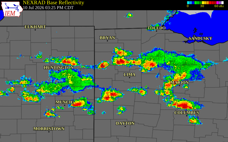 NEXRAD radar during the Friday, July 10, 2026 storm activity in Putnam County, Ohio