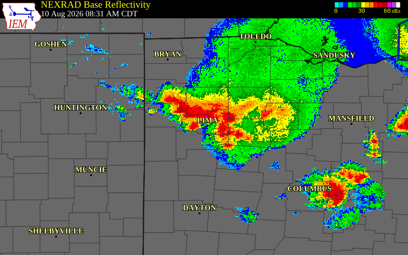 NEXRAD radar during the Monday, August 10, 2026 storm activity in Putnam County, Ohio