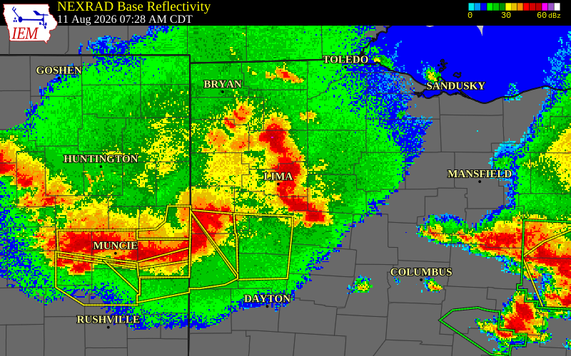 NEXRAD radar during the Tuesday, August 11, 2026 storm activity in Putnam County, Ohio