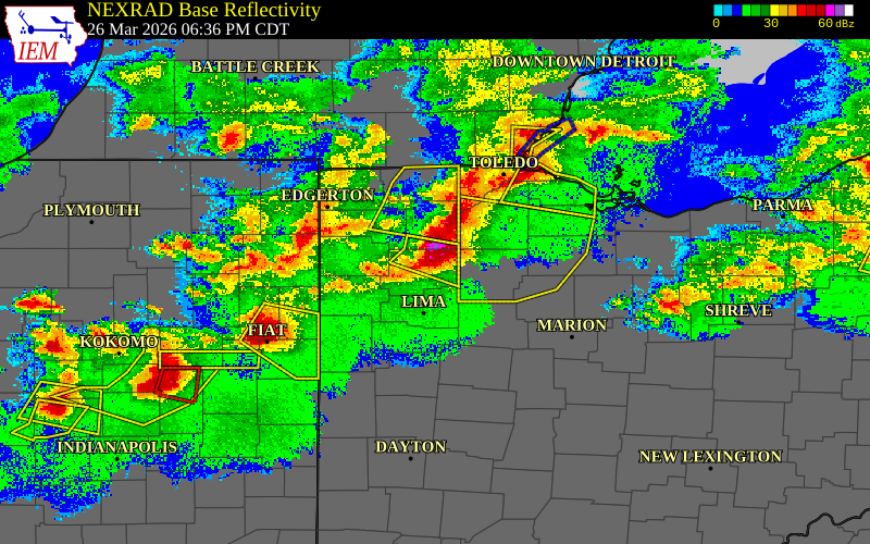 Radar snapshot during the Mar 26, 2026 hail event near Ottawa, Putnam County, Ohio, with NWS warning polygons