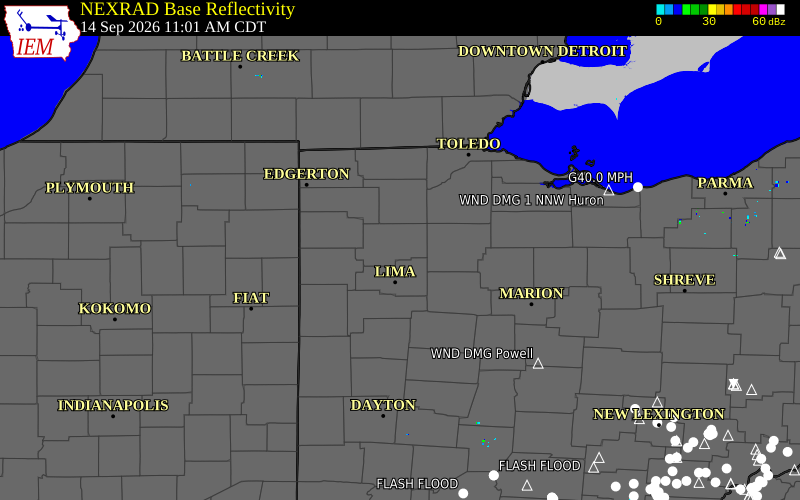 Current NEXRAD radar over Putnam County, Ohio with recent storm report locations