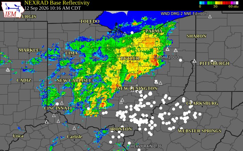 Current NEXRAD radar across Ohio with recent storm report locations