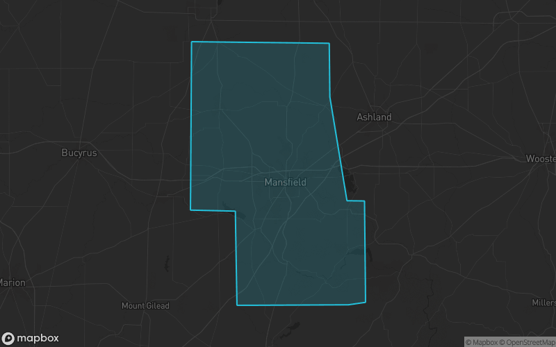Map of Richland County, Ohio showing the county boundary and surrounding cities