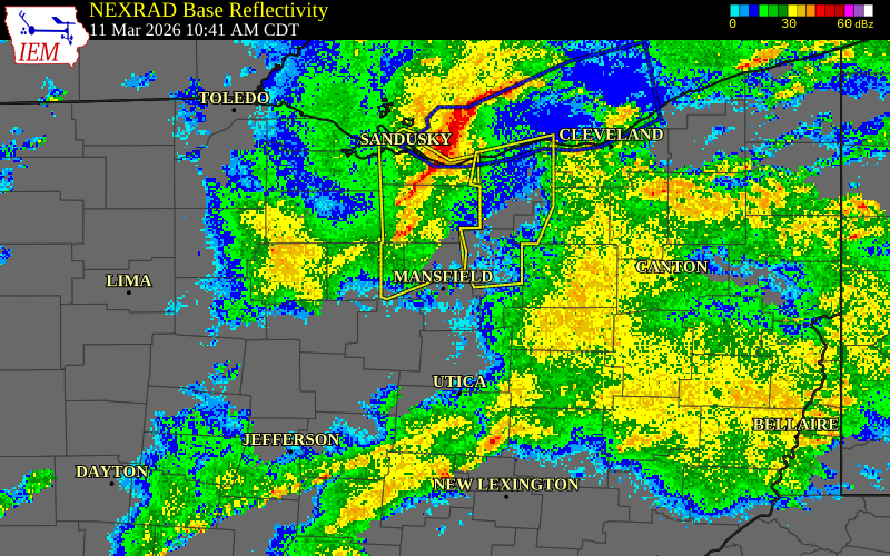 NEXRAD radar during the Wednesday, March 11, 2026 storm activity in Richland County, Ohio