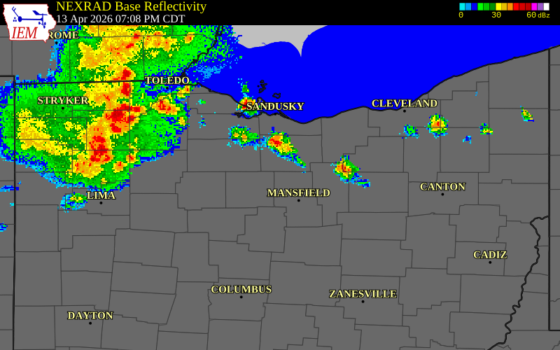 NEXRAD radar during the Monday, April 13, 2026 storm activity in Richland County, Ohio