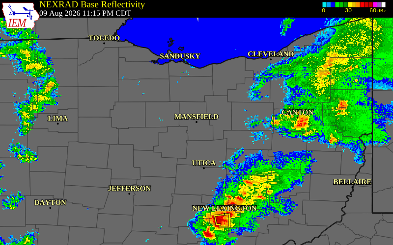NEXRAD radar during the Monday, August 10, 2026 storm activity in Richland County, Ohio