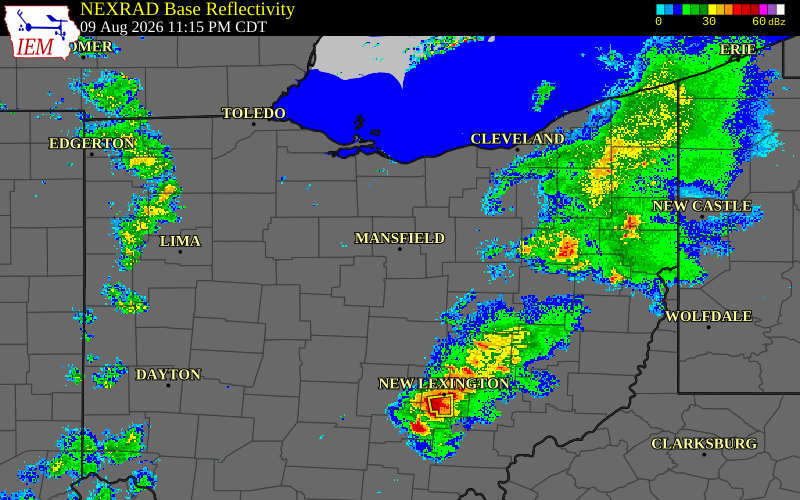 Radar snapshot during the Aug 10, 2026 wind event near Mansfield, Richland County, Ohio, with NWS warning polygons
