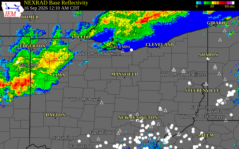 Current NEXRAD radar over Richland County, Ohio with recent storm report locations