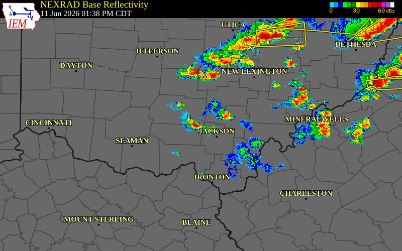 NEXRAD radar during the Thursday, June 11, 2026 storm activity in Ross County, Ohio