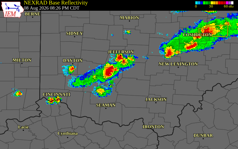 NEXRAD radar during the Saturday, August 8, 2026 storm activity in Ross County, Ohio
