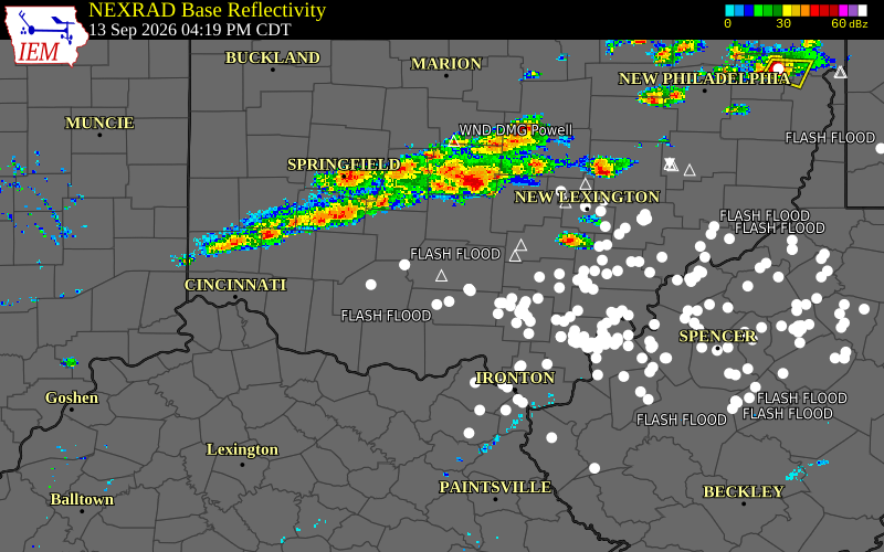 Current NEXRAD radar over Ross County, Ohio with recent storm report locations
