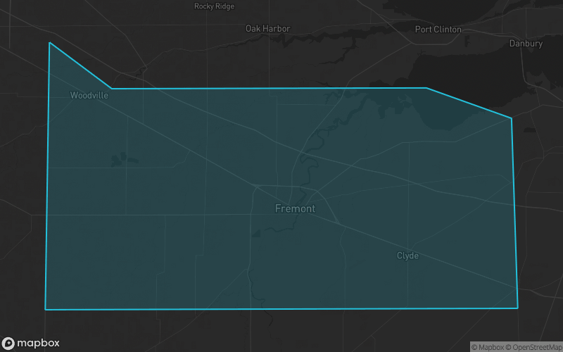 Map of Sandusky County, Ohio showing the county boundary and surrounding cities