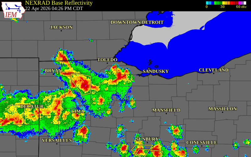 NEXRAD radar during the Wednesday, April 22, 2026 storm activity in Sandusky County, Ohio