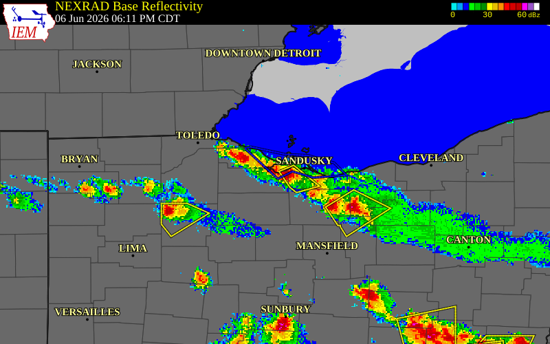 NEXRAD radar during the Saturday, June 6, 2026 storm activity in Sandusky County, Ohio