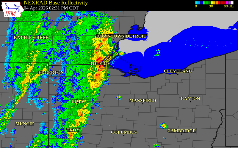 Radar snapshot during the Apr 4, 2026 wind event near Sandusky County, Sandusky County, Ohio, with NWS warning polygons