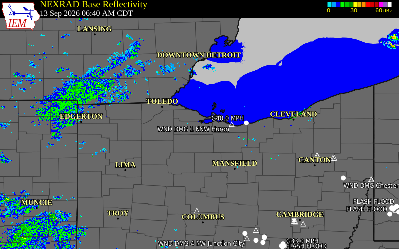 Current NEXRAD radar over Sandusky County, Ohio with recent storm report locations
