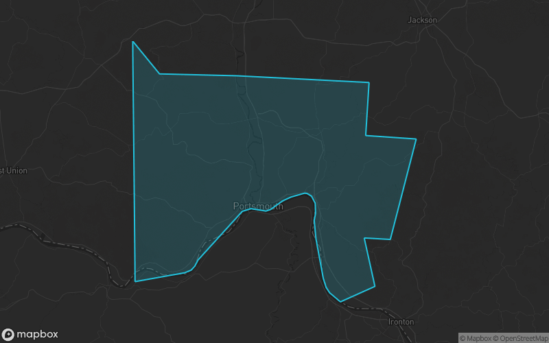 Map of Scioto County, Ohio showing the county boundary and surrounding cities