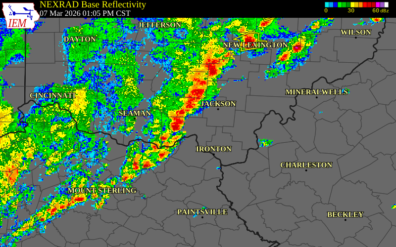 NEXRAD radar during the Saturday, March 7, 2026 storm activity in Scioto County, Ohio