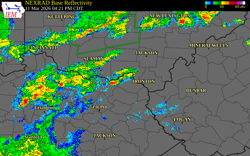 NEXRAD radar during the Wednesday, March 11, 2026 storm activity in Scioto County, Ohio