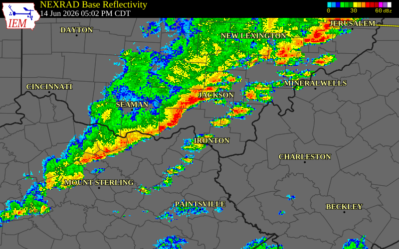 NEXRAD radar during the Sunday, June 14, 2026 storm activity in Scioto County, Ohio