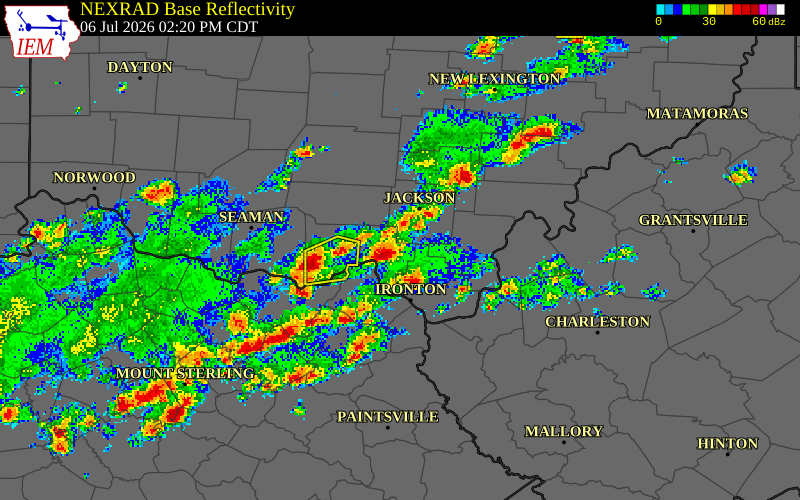 NEXRAD radar during the Monday, July 6, 2026 storm activity in Scioto County, Ohio