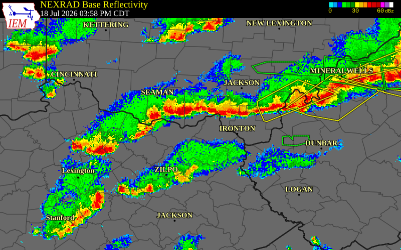 NEXRAD radar during the Saturday, July 18, 2026 storm activity in Scioto County, Ohio