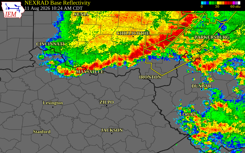 NEXRAD radar during the Tuesday, August 11, 2026 storm activity in Scioto County, Ohio