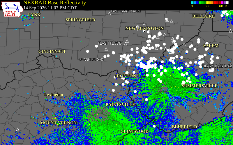 Current NEXRAD radar over Scioto County, Ohio with recent storm report locations