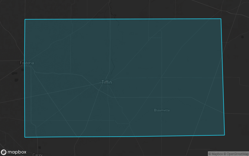 Map of Seneca County, Ohio showing the county boundary and surrounding cities