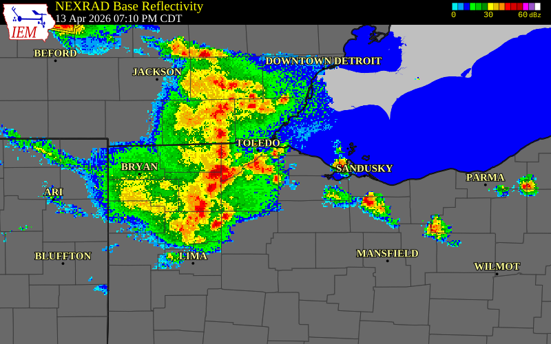 NEXRAD radar during the Monday, April 13, 2026 storm activity in Seneca County, Ohio