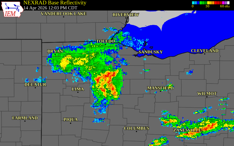 NEXRAD radar during the Tuesday, April 14, 2026 storm activity in Seneca County, Ohio