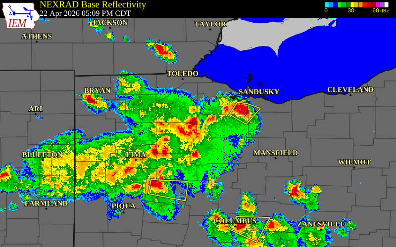 NEXRAD radar during the Wednesday, April 22, 2026 storm activity in Seneca County, Ohio